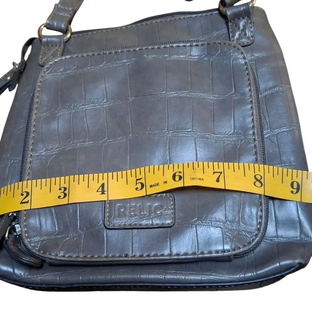 Chic Gray Croc-Embossed Relic Crossbody Bag – Adjustable Strap, Multiple Pockets